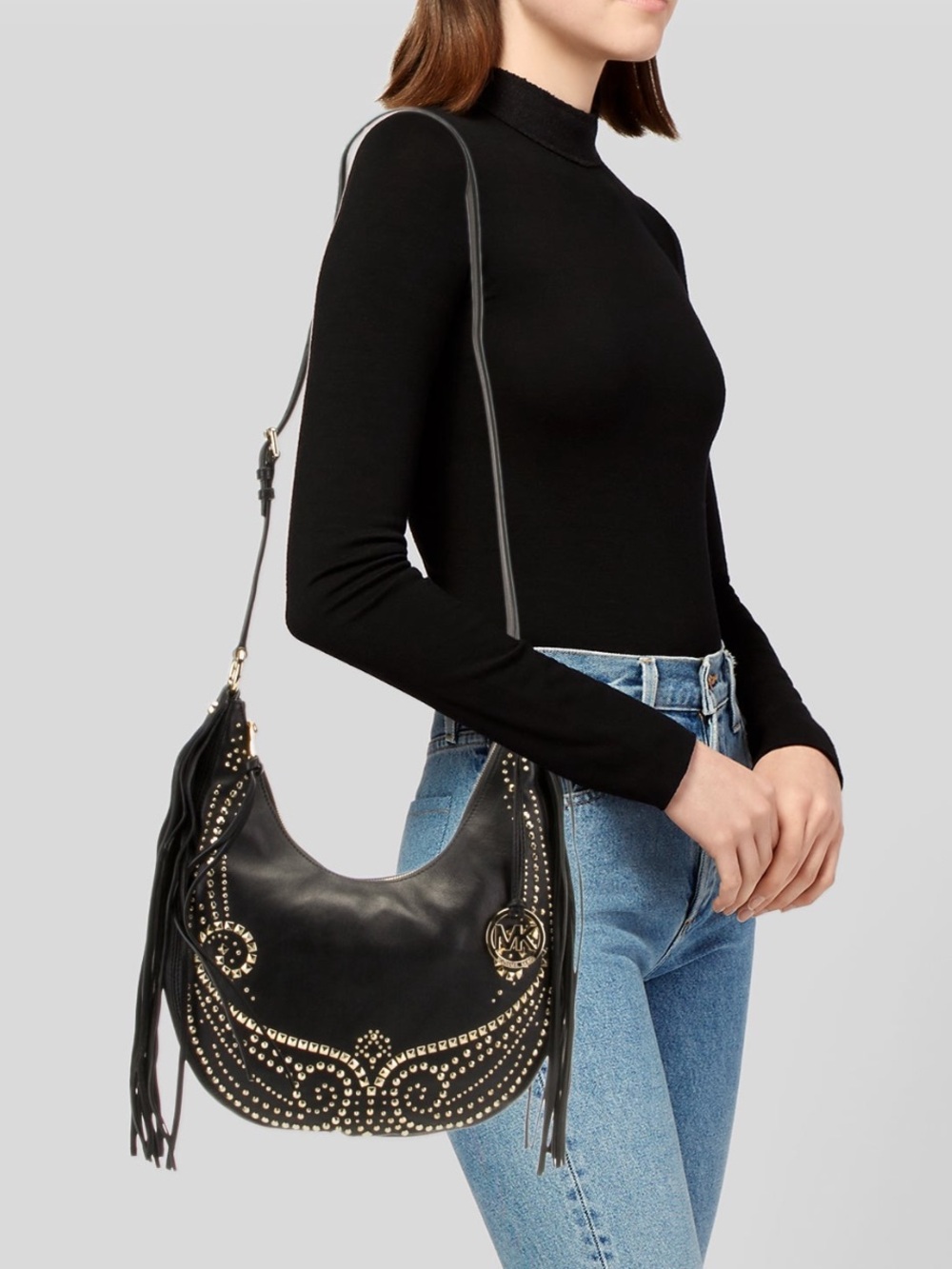 NWOT Michael Kors Y2K Rhea Leather Slouchy Studded Fringe Shoulder Bag, Brown